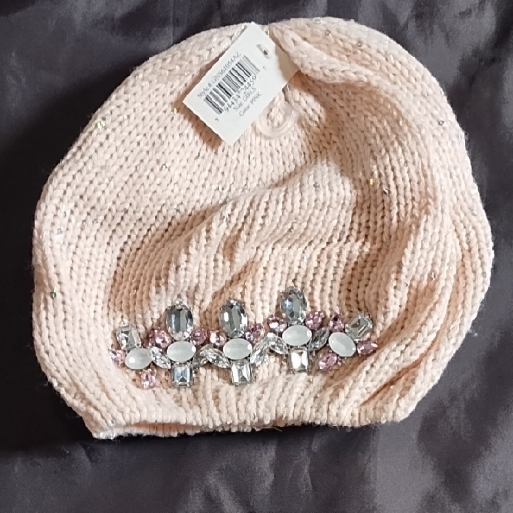 ABG Accessories Girls Pink Knit Beanie Hat With  Sparkling Accents